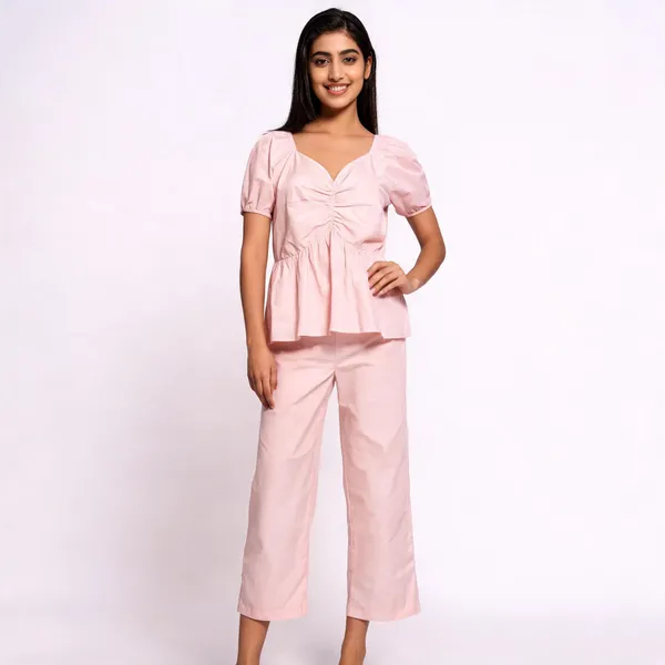 Blush_Pink_Mul_Cotton_V-Neck_Peplum_Top_Co-Ord_Set_For_Women