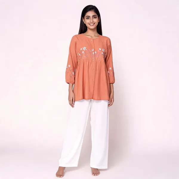 Orange_Rayon_Floral_Embroidered_Tunic_And_Wide-Leg_Trouser_Set_For_Women