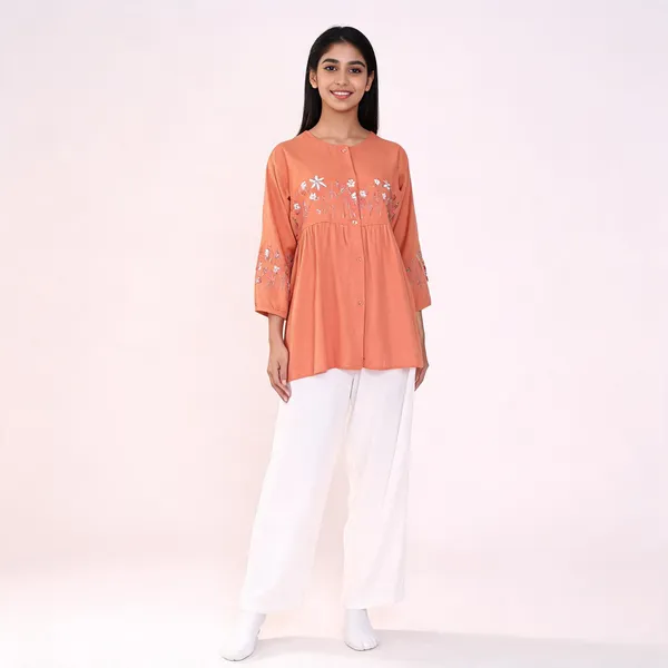 Orange_Rayon_Floral_Embroidered_Tunic_And_Wide-Leg_Trouser_Set_For_Women