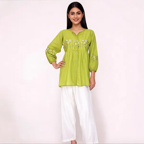 Green_Rayon_Floral_Embroidered_Tunic_And_Wide-Leg_Trouser_Set_For_Women