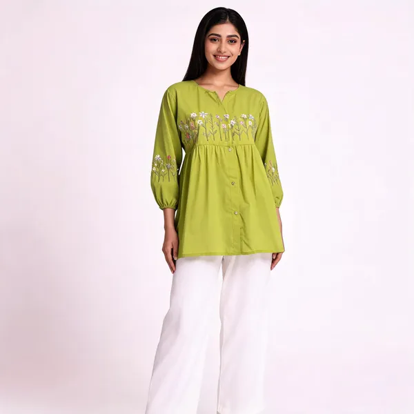 Green_Rayon_Floral_Embroidered_Tunic_And_Wide-Leg_Trouser_Set_For_Women