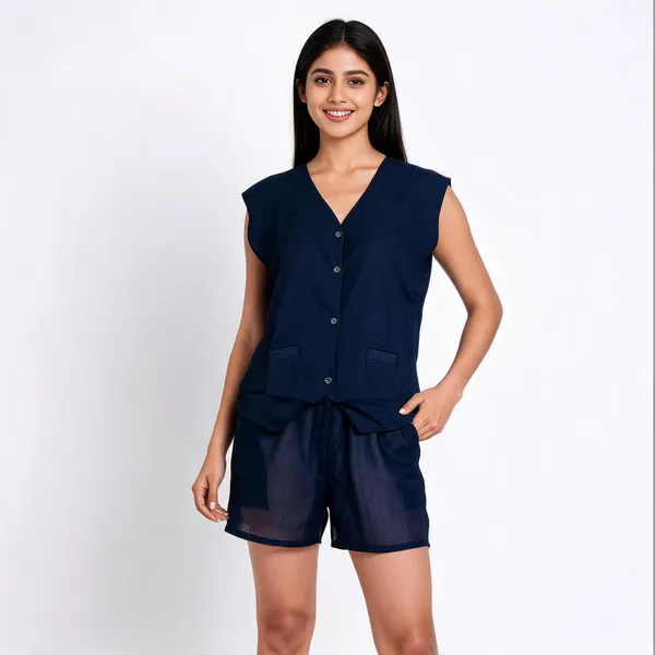 Navy_Blue_Cotton_Shorts_And_Jacket_Top_Two-Piece_Set_For_Women
