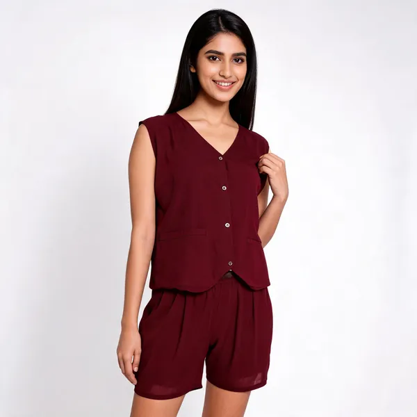 Maroon_Cotton_Shorts_And_Jacket_Top_Two-Piece_Set_For_Women