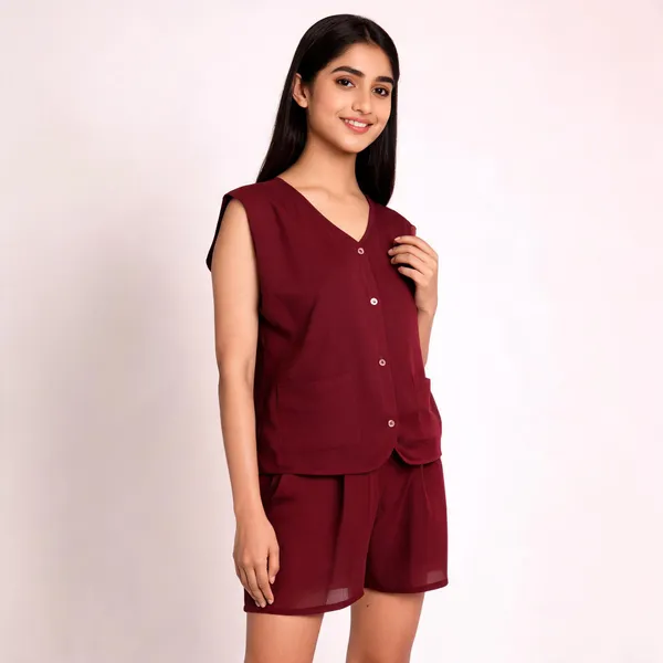 Maroon_Cotton_Shorts_And_Jacket_Top_Two-Piece_Set_For_Women