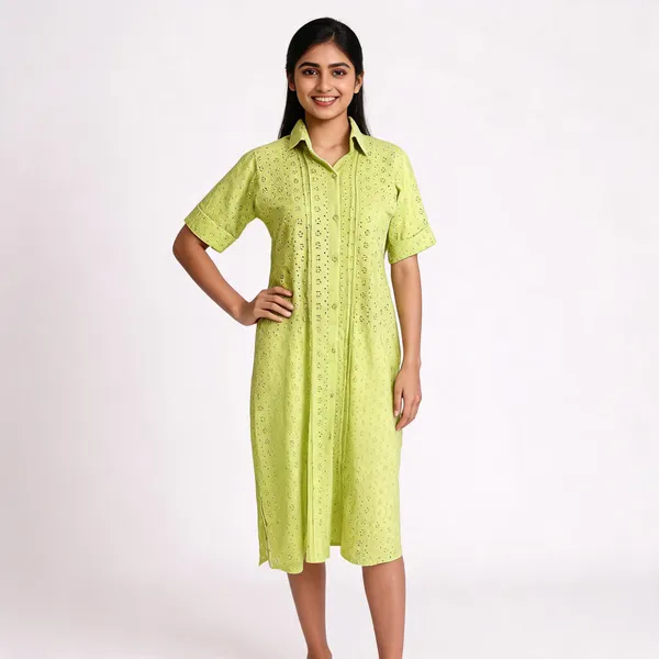 Green_Cotton_Blend_Half_Sleeve_Shirt_Midi_Dress_For_Women