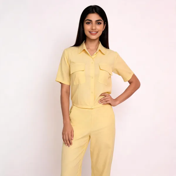 Yellow_Cotton_Blend_Monochrome_Utility_Shirt_And_Trouser_Set_For_Women