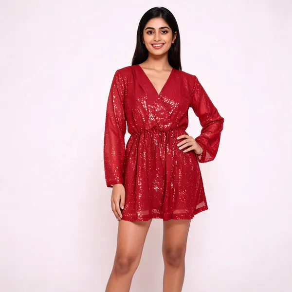 Red_Synthetic_Sequin_V-Neck_Long_Sleeve_Mini_Party_Dress_For_Women