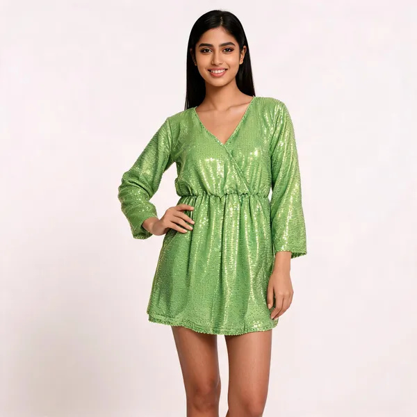 Neon_Green_Synthetic_Sequin_V-Neck_Long_Sleeve_Mini_Party_Dress_For_Women