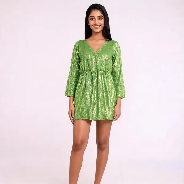 Neon_Green_Synthetic_Sequin_V-Neck_Long_Sleeve_Mini_Party_Dress_For_Women