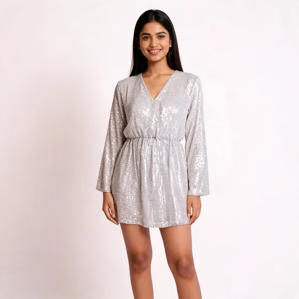 White_Synthetic_Sequin_V-Neck_Long_Sleeve_Mini_Party_Dress_For_Women