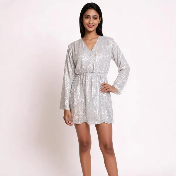 White_Synthetic_Sequin_V-Neck_Long_Sleeve_Mini_Party_Dress_For_Women