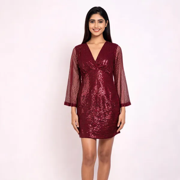 Burgundy_Synthetic_Sequin_Bell_Sleeve_Wrap_Mini_Party_Dress_For_Women