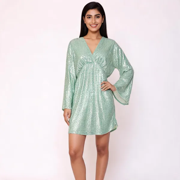 Mint_Green_Synthetic_Sequin_Bell_Sleeve_Wrap_Mini_Party_Dress_For_Women