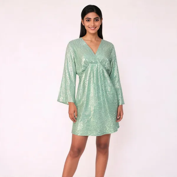 Mint_Green_Synthetic_Sequin_Bell_Sleeve_Wrap_Mini_Party_Dress_For_Women