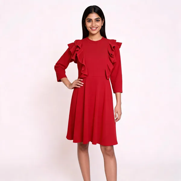 Ruffle-Sleeve_A-Line_Dress_With_Full_Sleeves-Vibrant_Red