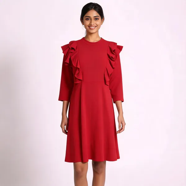 Ruffle-Sleeve_A-Line_Dress_With_Full_Sleeves-Vibrant_Red