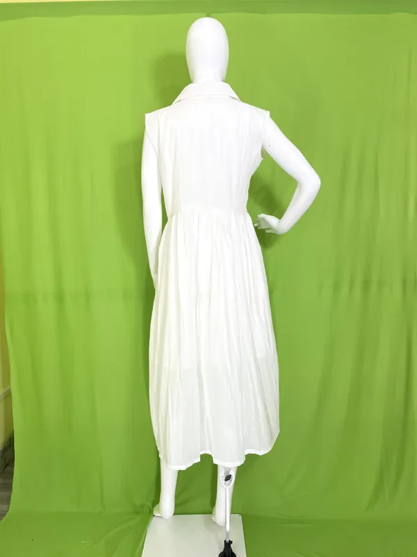 White_Mul_Cotton_Sleeveless_Button-Up_Collar_Midi_Dress_For_Women