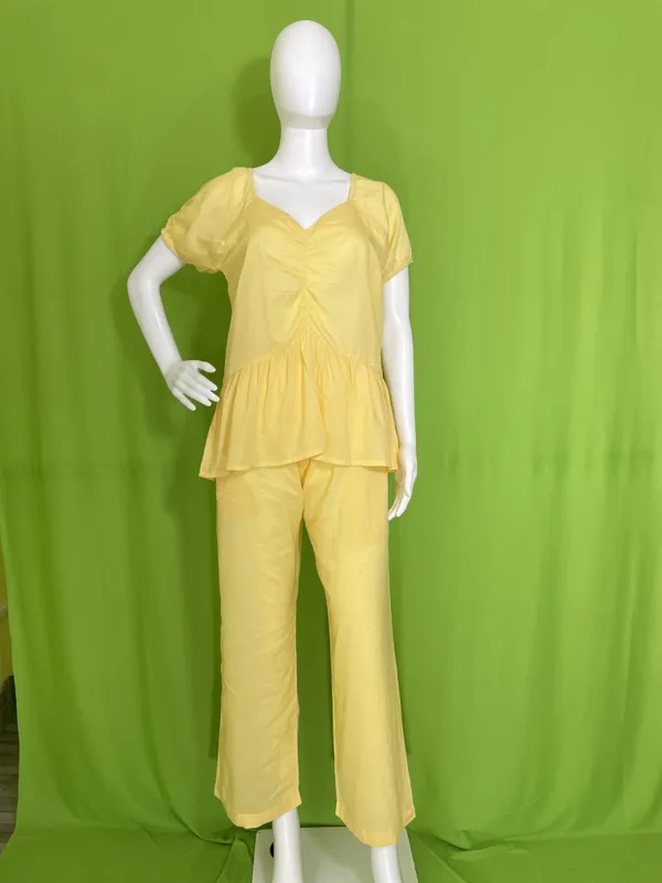 Yellow_Mul_Cotton_V-Neck_Peplum_Top_Co-Ord_Set_For_Women
