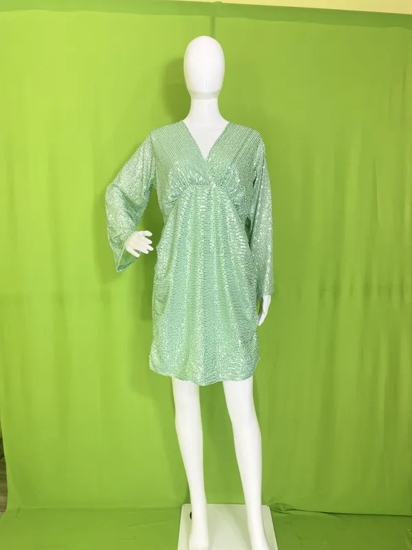 Mint_Green_Synthetic_Sequin_Bell_Sleeve_Wrap_Mini_Party_Dress_For_Women
