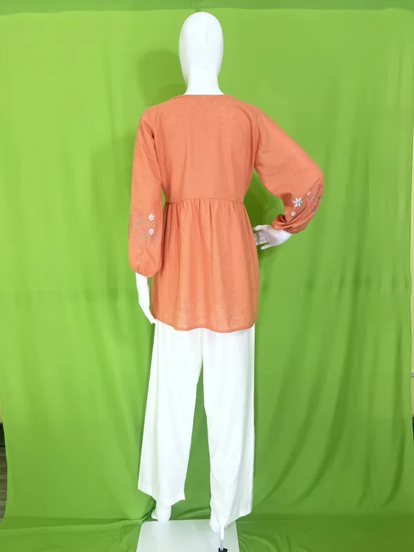 Orange_Rayon_Floral_Embroidered_Tunic_And_Wide-Leg_Trouser_Set_For_Women