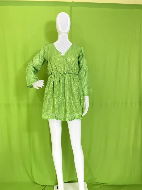 Neon_Green_Synthetic_Sequin_V-Neck_Long_Sleeve_Mini_Party_Dress_For_Women
