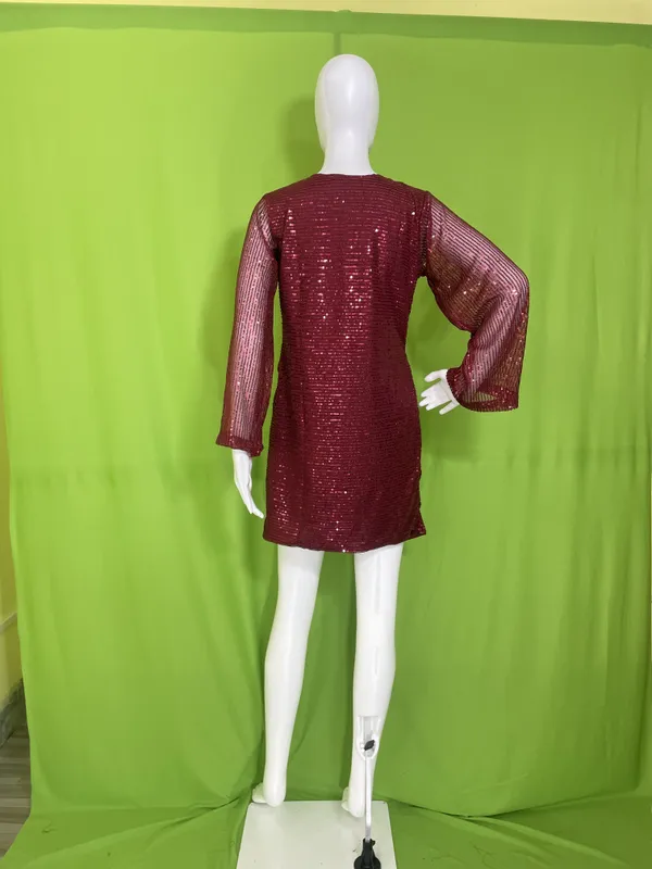 Burgundy_Synthetic_Sequin_Bell_Sleeve_Wrap_Mini_Party_Dress_For_Women