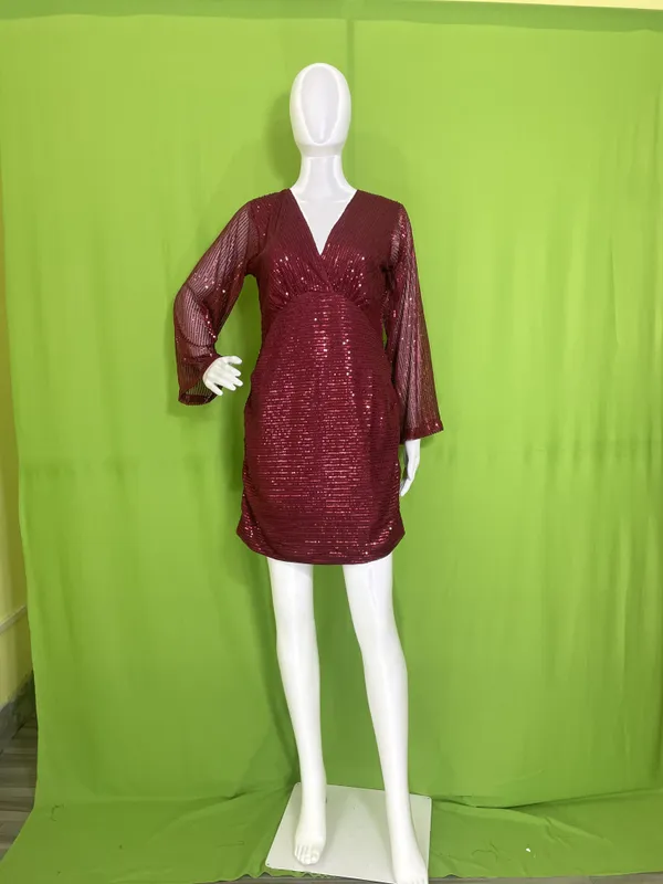Burgundy_Synthetic_Sequin_Bell_Sleeve_Wrap_Mini_Party_Dress_For_Women