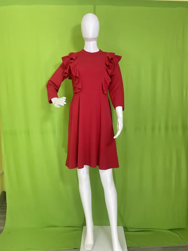 Ruffle-Sleeve_A-Line_Dress_With_Full_Sleeves-Vibrant_Red