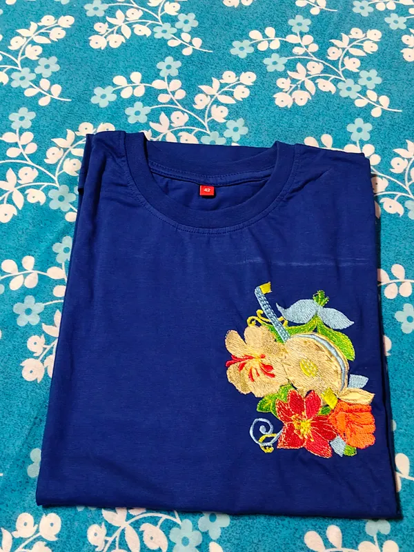 Blue_Cotton_Floral_Embroidered_Round_Neck_T-Shirt_For_Women