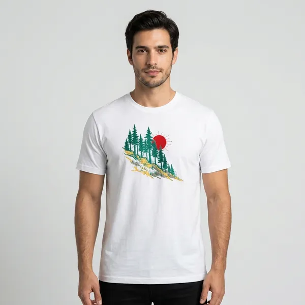White_Cotton_Round_Neck_Embroidered_Forest_Print_T-Shirt_For_Men
