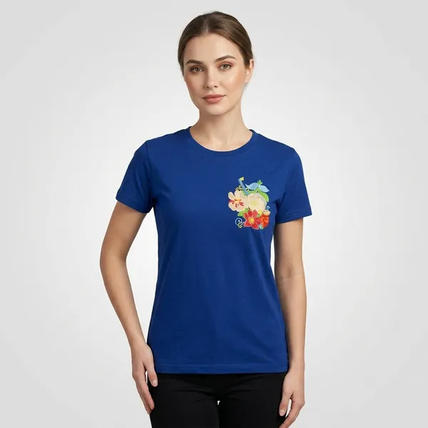 Blue_Cotton_Floral_Embroidered_Round_Neck_T-Shirt_For_Women