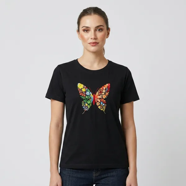 Black_Cotton_Round_Neck_Butterfly_Print_T-Shirt_For_Women