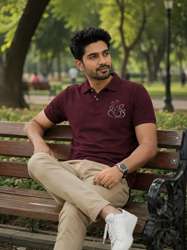 Maroon_Cotton_embroidery_Regular_Fit_Polo_T-Shirt_For_Men