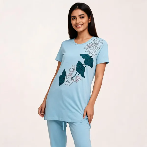 Sky_Blue_Cotton_Blend_Floral_Print_Night_Suit_Set_For_Women