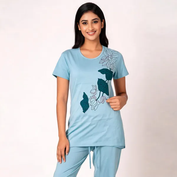 Sky_Blue_Cotton_Blend_Floral_Print_Night_Suit_Set_For_Women