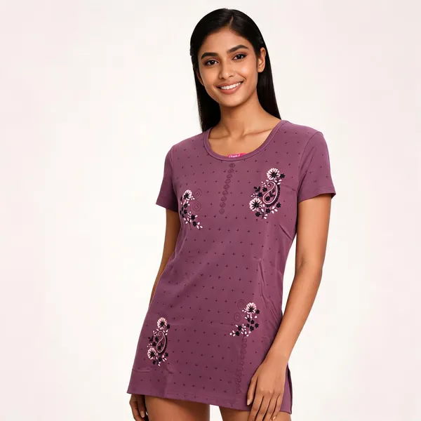 Mauve_Cotton_Blend_Floral_Embroidered_Sleepwear_T-Shirt_For_Women