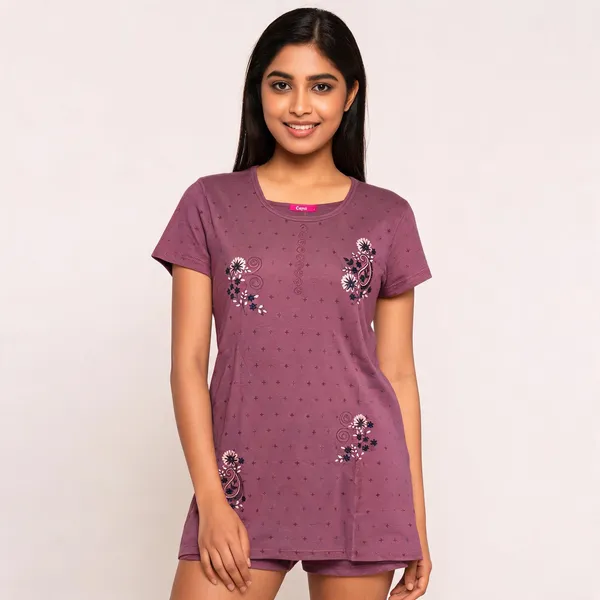 Mauve_Cotton_Blend_Floral_Embroidered_Sleepwear_T-Shirt_For_Women