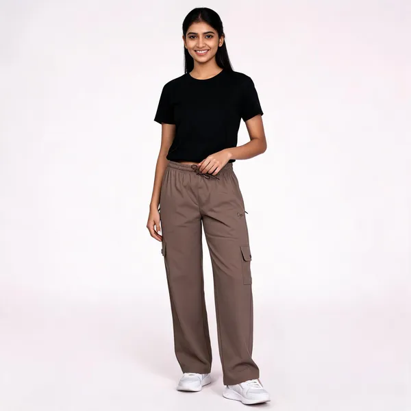Brown_Cotton_Blend_Wide_Leg_Cargo_Pants_For_Women