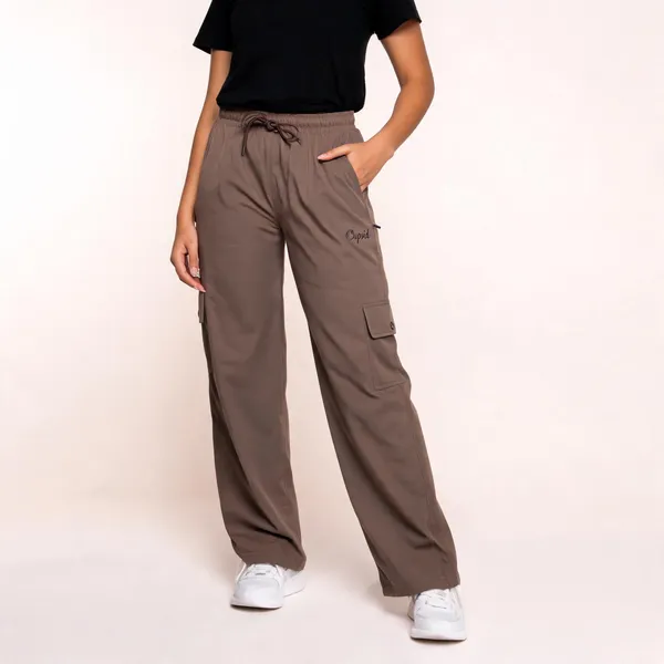 Brown_Cotton_Blend_Wide_Leg_Cargo_Pants_For_Women