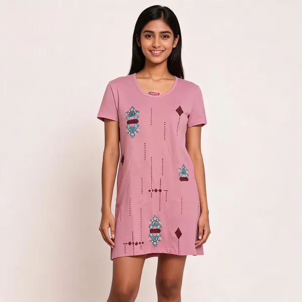 Pink_Cotton_Blend_Printed_Straight_Fit_T-Shirt_Dress_For_Women