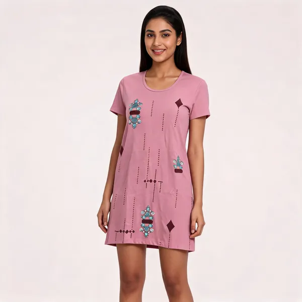Pink_Cotton_Blend_Printed_Straight_Fit_T-Shirt_Dress_For_Women