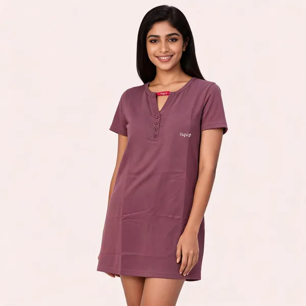 Mauve_Cotton_Blend_Henley_Neck_Sleepwear_Dress_For_Women