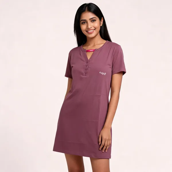 Mauve_Cotton_Blend_Henley_Neck_Sleepwear_Dress_For_Women