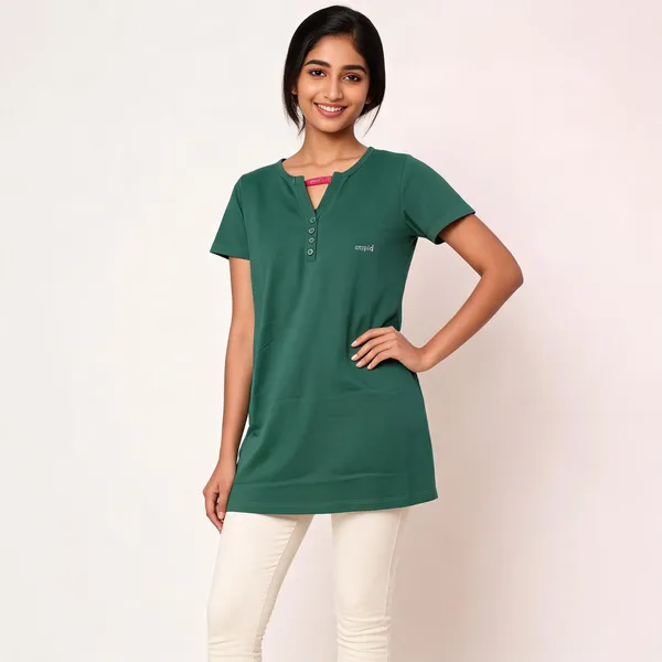 Green_Cotton_Relaxed_Fit_Button_Placket_Kurti_For_Women
