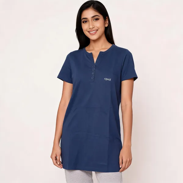 Blue_Cotton_Blend_Loose_Fit_Henley_Neck_Sleep_Shirt_For_Women