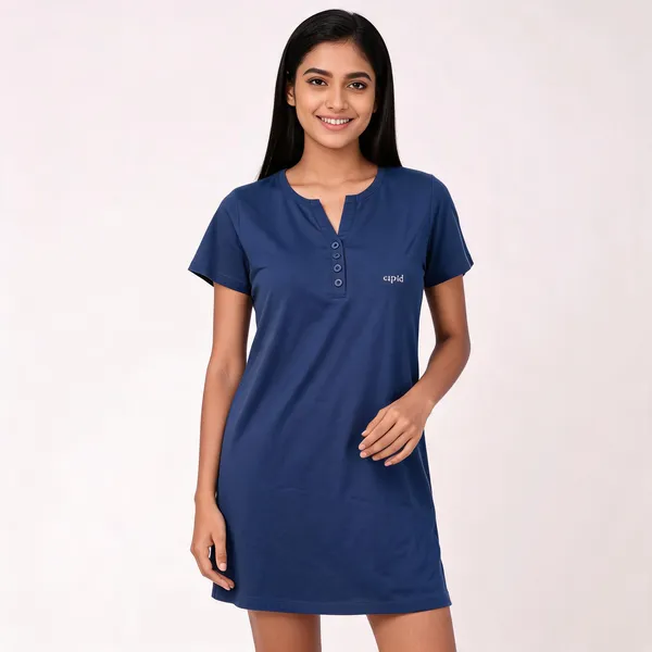 Blue_Cotton_Blend_Loose_Fit_Henley_Neck_Sleep_Shirt_For_Women