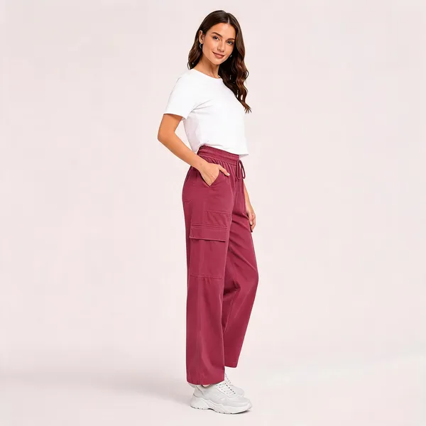 Maroon_Cotton_Blend_Wide_Leg_Cargo_Pants_For_Women