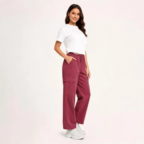 Maroon_Cotton_Blend_Wide_Leg_Cargo_Pants_For_Women