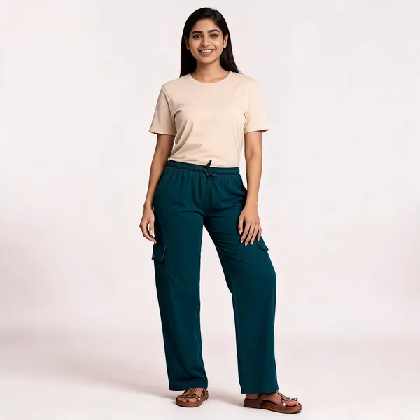Teal_Cotton_Blend_Wide_Leg_Cargo_Pants_For_Women