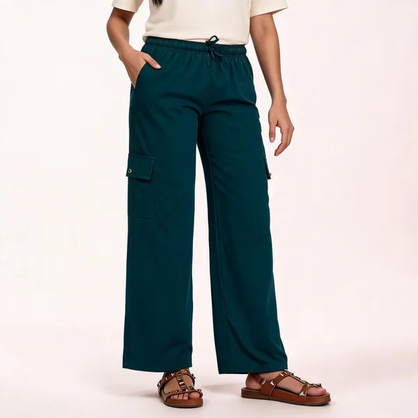 Teal_Cotton_Blend_Wide_Leg_Cargo_Pants_For_Women